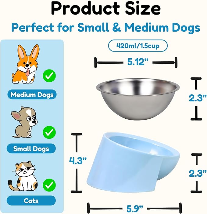 Tilted Dog Bowl for Flat-Faced & Senior Dogs, 15° Slanted Stainless Steel Dog Food Bowl, Elevated Pet Feeder for Small & Medium Dogs, Comfortable Eating Design (Light Blue, M (420 ML / 1.5 Cups))