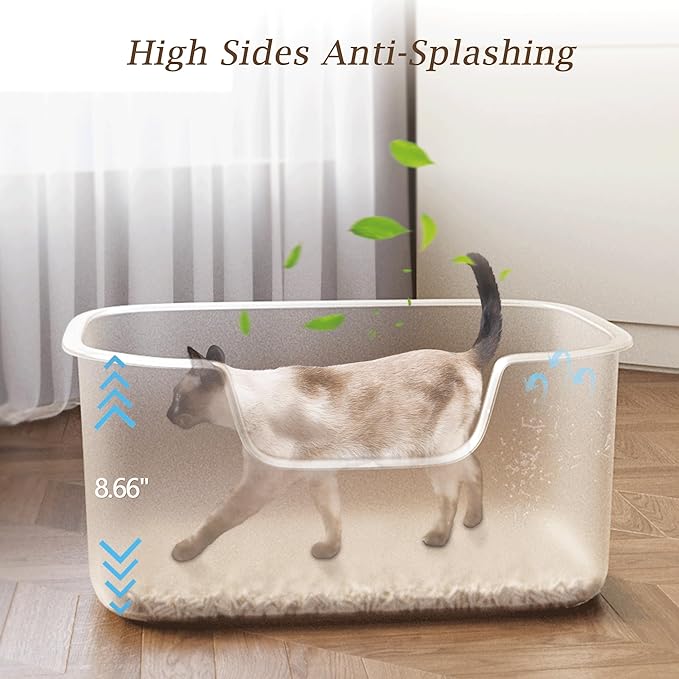 Large Cat Litter Box with High Sides, Side Entry Open Top Deep Tall Litter Pan, Kitty Litter Box for Indoor Small and Medium Cats, Creamy White (Anti-Splashing) 19.7" L x 15.4" W x 8.6" H