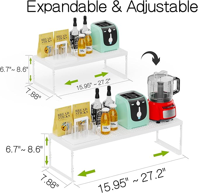 Adjustable Stackable Metal Storage Shelf Organizer - Expandable Wire Rack with Perforations for Kitchen, Pantry, Bathroom, Cabinet & Office-Compact, Durable & Sturdy (3PACKS/Medium/White)