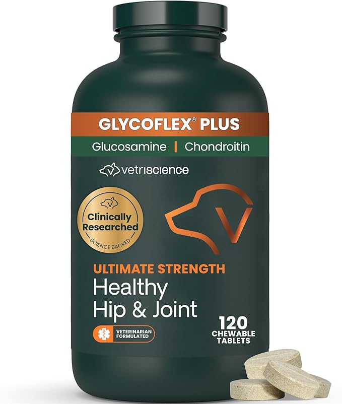VetriScience Ultimate Strength Healthy Hip & Joint Chewable Tablets, GlycoFlex Glucosamine, Chondroitin and Green-Lipped Mussel Joint Supplement for Dogs, Soothe Joint Discomfort, Chicken, 120 Count