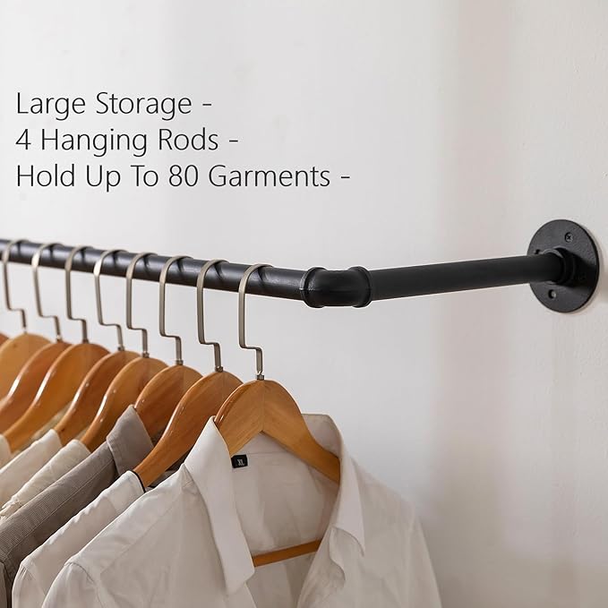 Industrial Pipe Clothing Rack Heavy Duty Wall Mounted Clothes Rack,Pipe Garment Rack Rail,Indoor Detachable Multi-Purpose Clothing Hanging Rod/Garment Bar, Black (3 hanging rods wall garment rack)