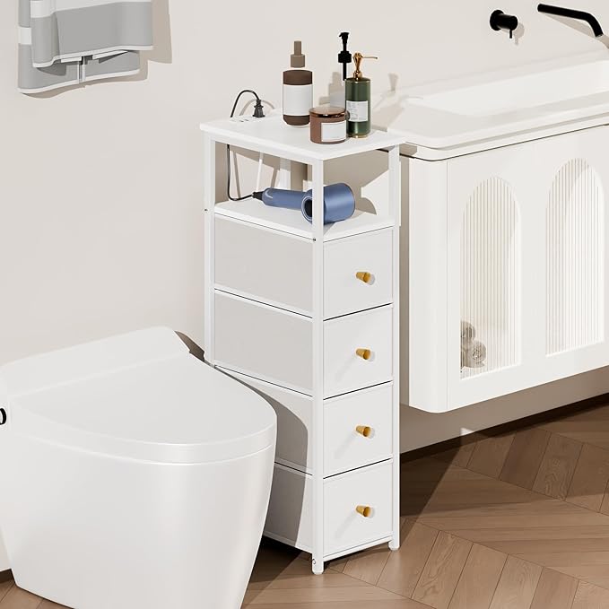 Narrow Storage Cabinet for Small Spaces Slim Bathroom Dresser with Drawers Tall Thin Storage Organizer for Bathroom Bedroom Skinny Cabinet(White, 4 Drawers with Charging Station)
