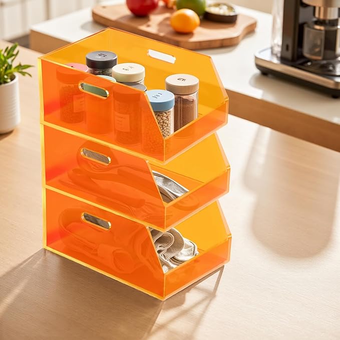 Gelite Stackable Storage Bins Open Front Organizer Bins with Handles Acrylic Storage Container for Pantry Kitchen Cabinet Bathroom Closet Office Organization, 11.4x7.5x5.1'', Neon Orange