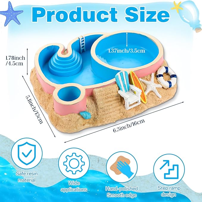 Gerrii Hermit Crab Water Bowl with Climbing Ramp, 2 Compartments Resin Hermit Crab Water Bathing Pool Accessories Food Dish Seashell Reptile Climbing Habitat Platform for Lizard Frog Gecko
