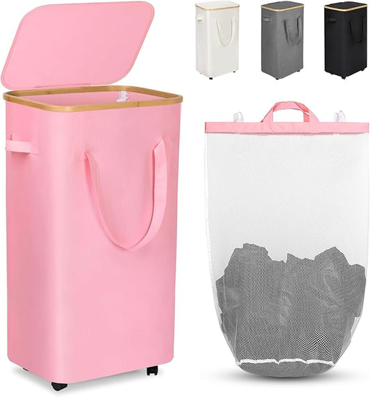 WELTRXE Laundry Hamper on Wheels 110L Large Clothes Basket with Lid and Extended Handles, Foldable Laundry Hamper for Bedroom, Bathroom, Dorm, Laundry Room, Pink Rolling Laundry Basket with Wash Bag