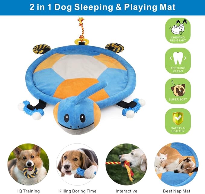 Idepet Dog Play Mat,Puppy Toy Mat with Chew Toys Multiple Dog Puzzle Interactive Toy Pet Playing Mat for Small Medium Dogs Cats,All-in-One (Turtle)