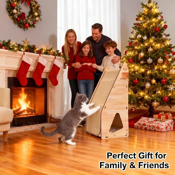 Enhanced Wood-Framed Cat Scratching Post: Large Sisal Cat Scratcher, Integrated Scratch Post Pad Condo Tunnel House. All-in-One Space Saver for Multi-Cat & Budget-Friendly Homes (32in)