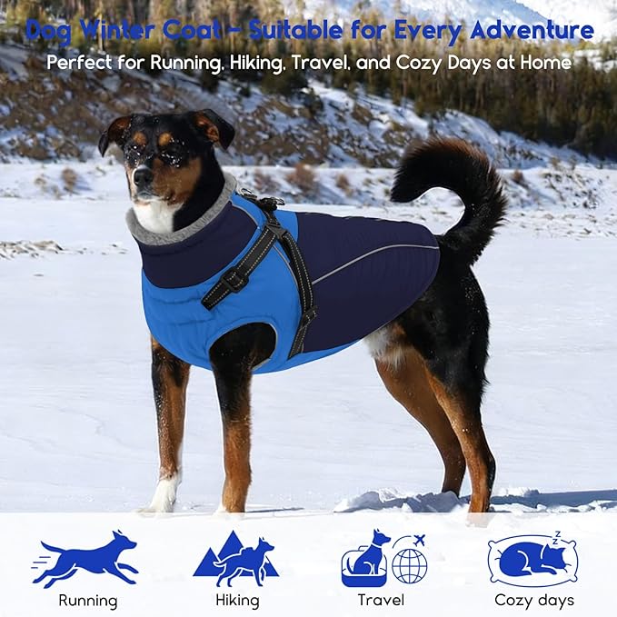 ASENKU Reflective Dog Coat with Built-in Harness, Windproof Fleece-Lined Dog Jacket for Small, Medium, Large Dogs, Warm Winter Vest with Turtleneck & Zipper (Navyblue M)