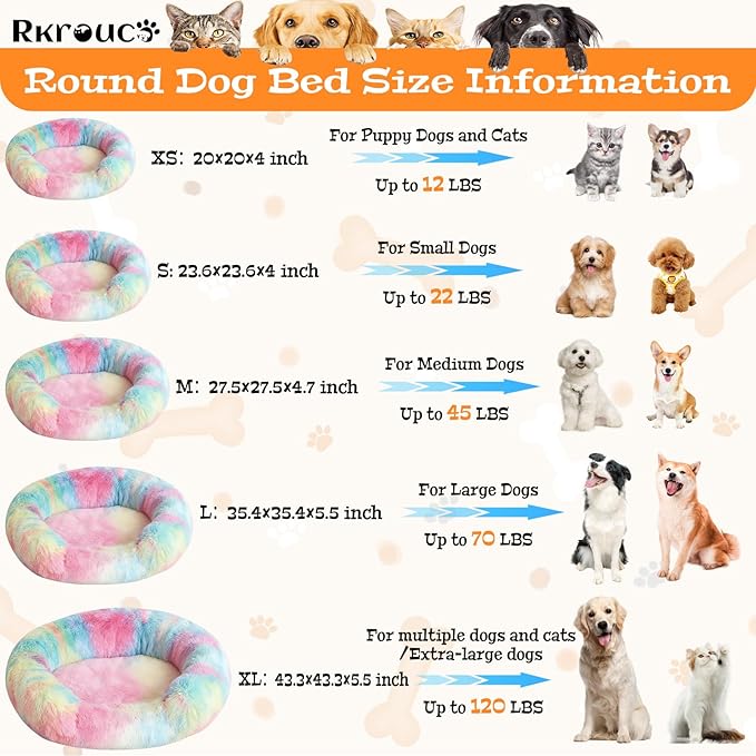 Fluffy Dog Bed Calming Donut Beds for Large Dogs Warming Round Small Medium Pet Nest Cozy Cat Mattress Indoor Washable Puppy Kennel Kittens Sleep Mat (XS, 20×20 inch, Rainbow)