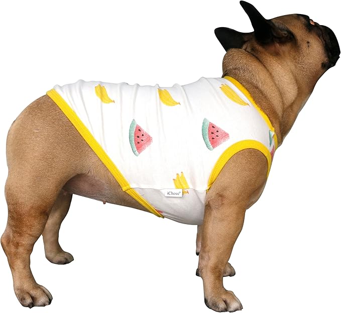 iChoue 100% Breathable Cotton French Bulldog Halloween Cartoon T Shirts Cute Clothes for Medium Dogs Vest Tank Tops Frenchie English Boston Terrier Pitbull Watermelon Banana - Large Plus