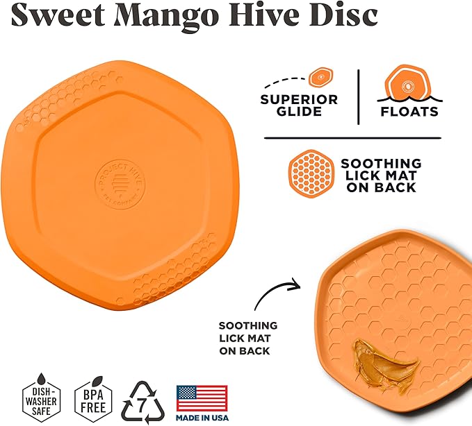 PROJECT HIVE ·PET COMPANY· - Sweet Mango Scented - Hive Frisbee Disc for Dogs - Great for Fetch - Includes a Lick mat on Back - Floats in Water, Smooth Glide - Made in The USA
