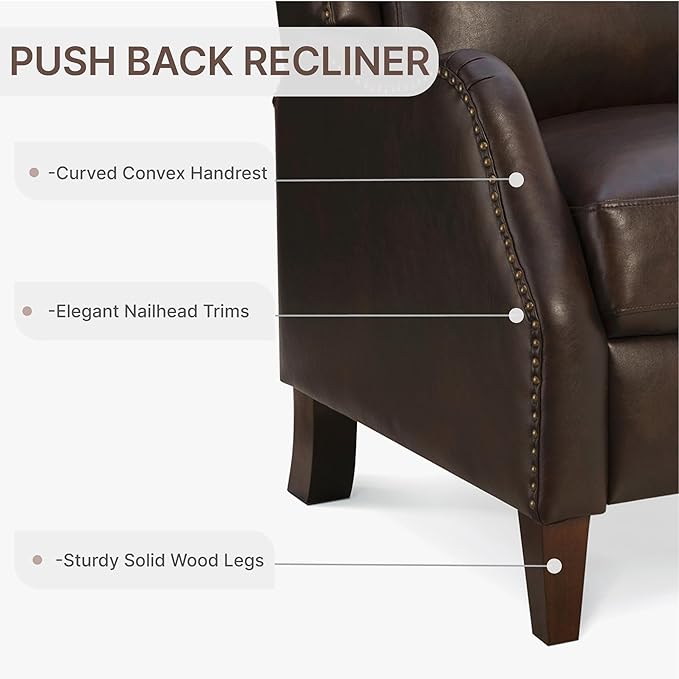 Leather Pushback Recliner Faux Armchair with Rivet Decoration Single Sofa Accent Chair for Living Room Bedroom