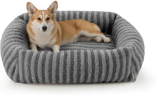MIXJOY Dog Bed Medium Size Dog, Washable Medium Dogs Bed with Removable Cover, Soft Rectangle Doggy Ded Fluffy Plush Faux Fur Pet Bed with Anti-Slip Bottom, 30"x24"x8", Grey