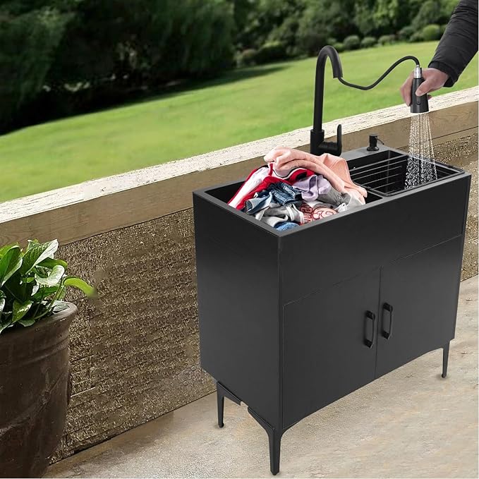 30-Inch Laundry Sink with Cabinet and Pull-Out Sprayer Faucet, Freestanding Kitchen Sink Cabinet with Stainless Steel Sink & Draining Basket, Wash Station Tub for Laundry & Bathroom, Kitchen