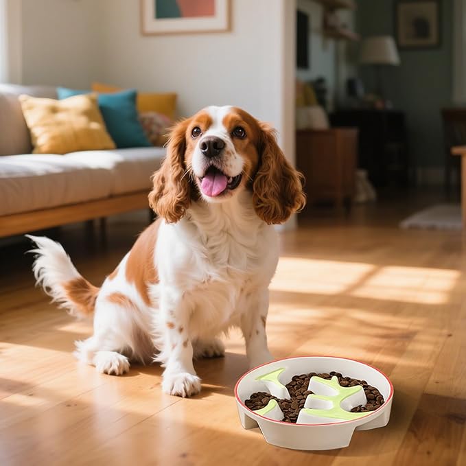 Ceramic Slow Feeder Dog Bowl - Portion Control Feeding Bowl for Medium Dogs – Cute Maze Food Dish for Fast Eaters - 3.1 Cups (310 g) - Doodle Series (Cherry)