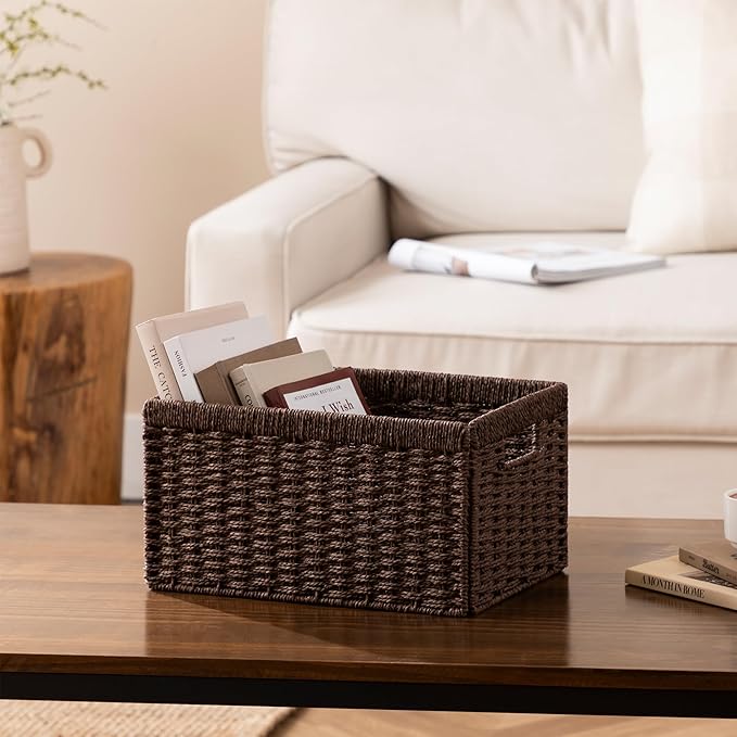 joybest Wicker Storage Baskets, Set of 2 Hand-Woven Paper Rope Dark Brown Baskets for Organizing, Foldable Rectangular Storage Organizer Bins for Shelves with Handles 13.4L x 8.3W x 7.1H