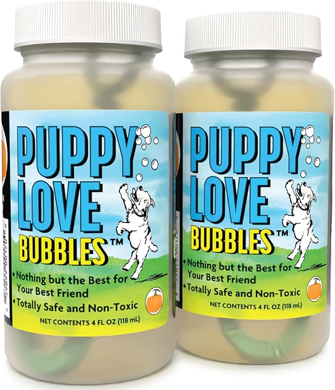 Atomic Bubbles: Puppy Love Bubbles: Pumpkin Scented 2 Pack - 4oz Bottles, Dog Interactive Toy, Pet Safe, Non-Toxic, Indoor & Outdoor, Long Lasting