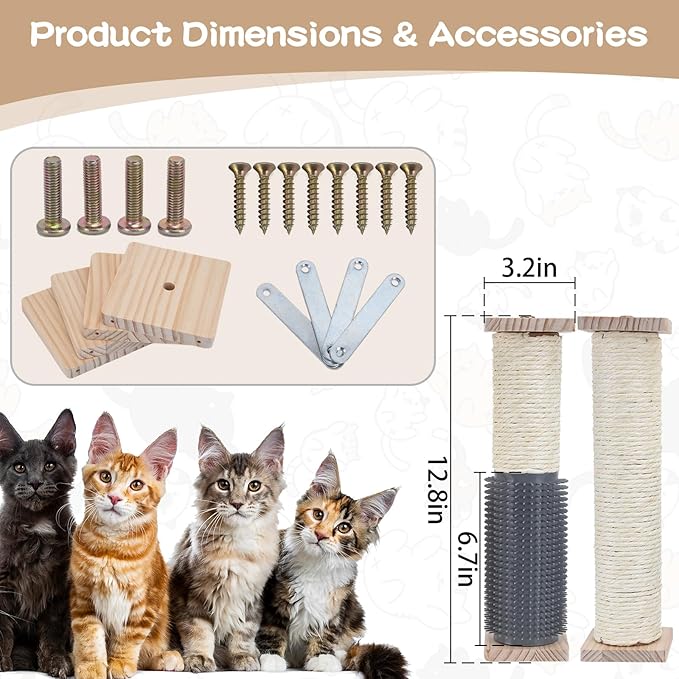 2 Pack Cat Scratching Post for Crate Cage, Wall Mounted Cat Scratcher Post with Self Groomer and Massager, Cat Cage Scratcher Pole to Scratch and Climbing 12.2x2.4in (Yellow, 2 Scratching)