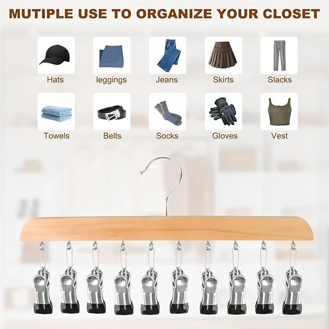 Closet Organizer with 10 Clips - Space Saving Hanging Closet Organizer, 2026 Upgraded Legging Hangers for Closet, 360° Rotating Metal Clips with Silicone Lining for Clothes (New-Wood, 1PC)