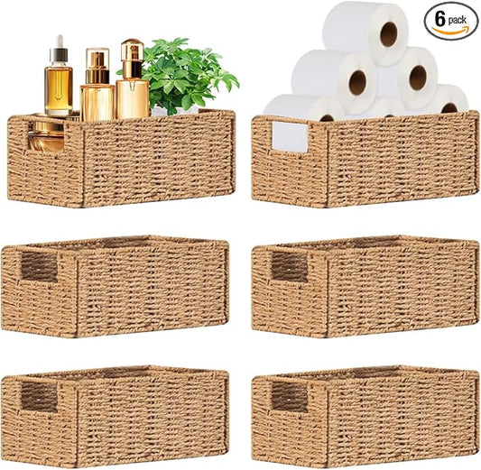 6 Pack Small Wicker Baskets, Wicker Woven Storage Basket Toilet Paper Baskets with Handles, Towel Basket for Home Organizing Shelves (Beige)
