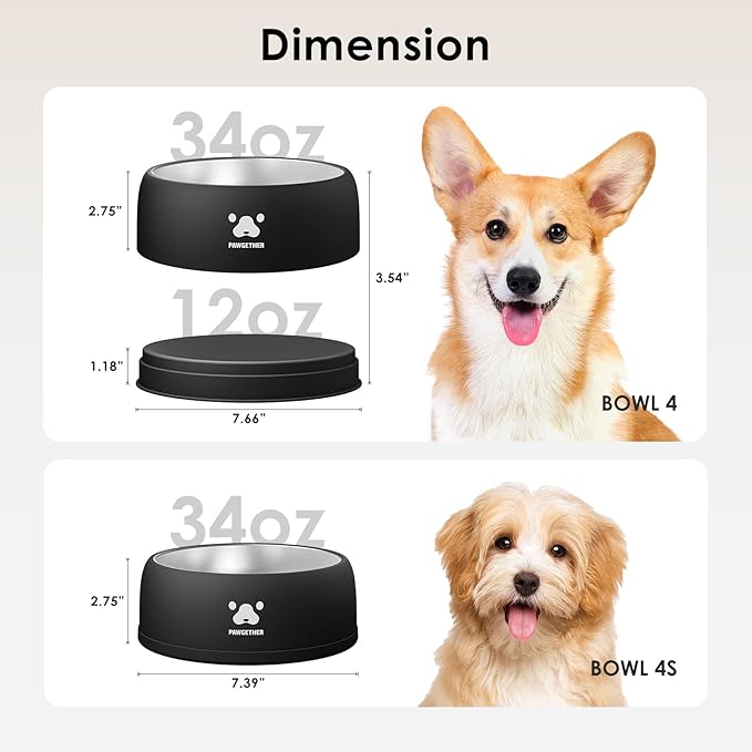 PAWGETHER® Stainless Steel Dog Bowls, Dog Food Water Bowl with Non-Slip Base Two-Piece Design Easy Clean Dishwasher Safe Black 34oz + 12oz