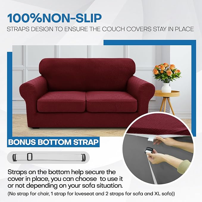 XINEAGE 2025 New 3 Pieces Couch Covers for 2 Extra Large Cushion Sofa Super Stretch Sofa Cover for 2 Large Seat Universal Loveseat Slip Cover for Living Room (Wine Red), 71"-91"(2 Cushions)