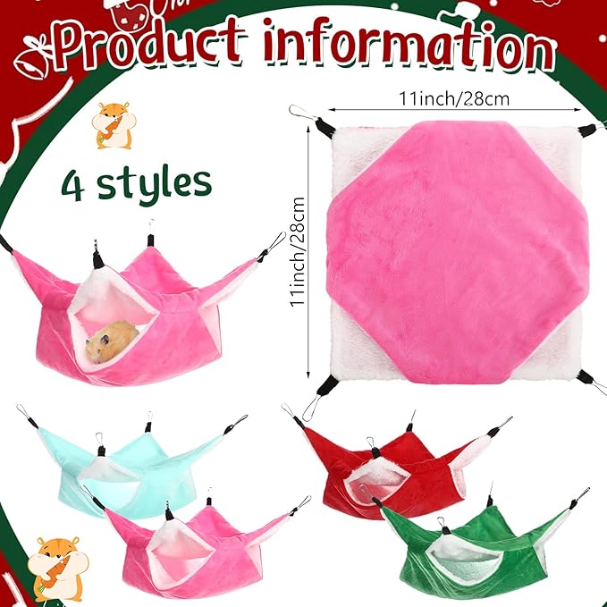 Nuogo 4 Pcs Rat Hammock for Cage Small Animal Hanging Ferret Hammocks for Rat Accessories Double Layer Ferret Bed for Guinea Pig Playing Sleeping (Red, Green, Rose Red, Turquoise,Classical)