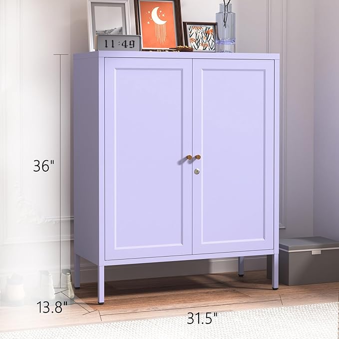 2-Door Lockable Metal Storage Cabinet, Square Stamped Steel Door with 2 Adjustable Shelves, Multifunctional Organizer for Home Office School, Purple 36" H X 31.5" W X 13.8" D