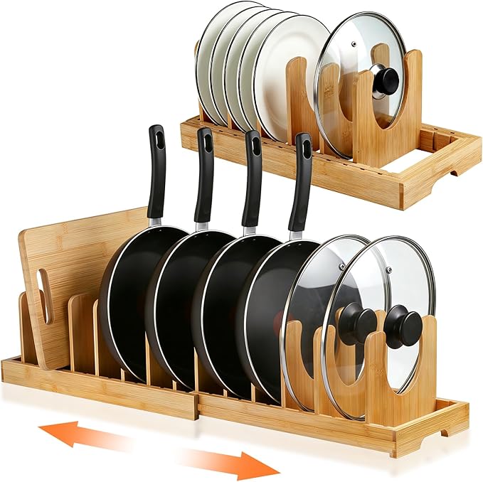 Bamboo Pots and Pans Organizer under Cabinet, Expandable Pot lid Holder Rack and cutting board organizer, Adjustable Bakeware Cookie Sheet Tray for Kitchen Storage