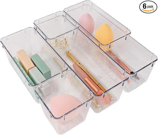 6 Pack Clear Drawer Organizer Set,Desk Drawer Storage Tray,Vanity Organizer Storage Bins Containers