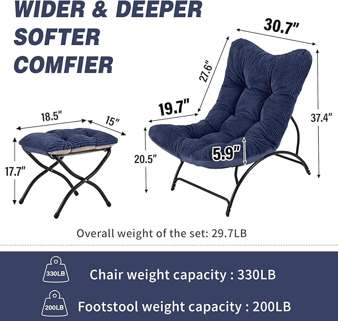 Welnow Modern Accent Chair with Ottoman, Upholstered Comfy Lounge Recliner Sofa, Thick Cushion Oversized Lazy Reading Chair with Footrest for Living Room, Bedroom, Apartment, Office, Dorm, Navy