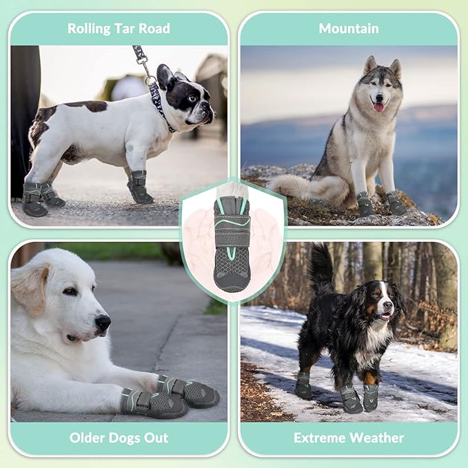 SlowTon Dog Shoes for Large Small Medium Dogs - Breathable Dog Boots for Summer Hot Pavement, Paw Protector for Outdoor Walking Winter Snow, Anti-Slip Rubber Dog Booties for Hardwood Floor (GY, 1)