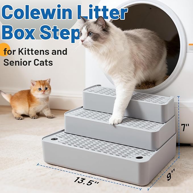 Adjustable Cat Litter Box Steps, 3-Step Non-Slip Ramp for Kittens Senior Cats Small Cats, Detachable Litter Catcher Tray, Fit Automatic Litter Boxes, Easy Clean, 13.5"x9"x7" (Light Grey)