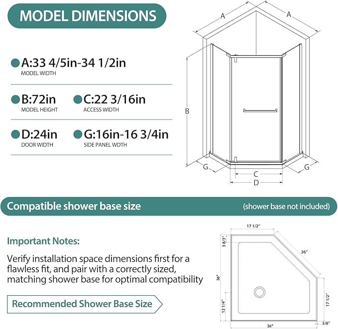36 Corner Shower Door,36" W x 72" H Neo-Angle Corner Shower Enclosure,Frameless Pivot Shower Doors with 1/4” (6MM) SGCC Tempered Glass for Walk-in Shower,Matte Black