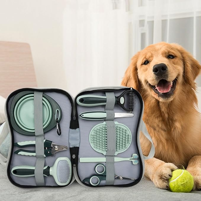 8 Pcs Dog Cat Grooming Kit, Professional Deshedding Bath Brush with Rake Nail Clippers Comb Toothbrush, Portable Storage Bag for Daily Pet Care and Shedding Control