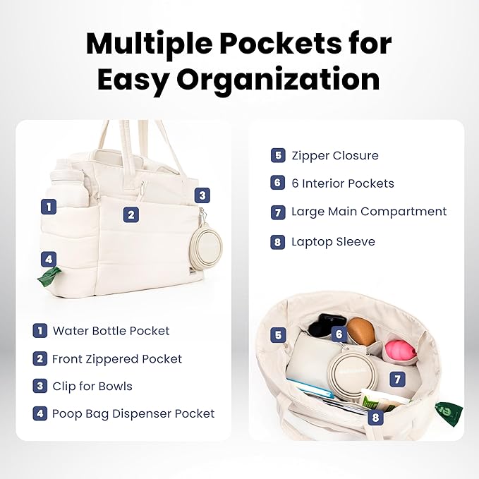 Puffer Dog Travel Bag for Dog Moms – Doggy Diaper Bag with Pet Bowls & Food Storage or Everyday Puffy Tote – Christmas Doggy Mom Gifts for Women – Lightweight, Travel-Ready Gift for Pet Lovers – Beige