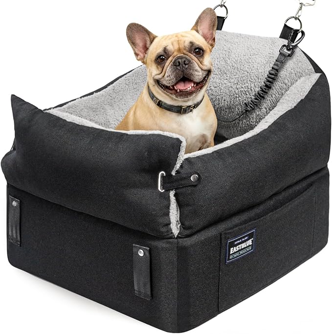 EASTBLUE Dog Car Seat for Small Medium Dogs Up to 35 lbs, 2 Memory Foam Pads Dog Booster Car Seat with Seat Belt, Washable Pet Carseat for Puppy & Cat, Dogs Travel Bed for Cars (Black/Grey-Fleece)