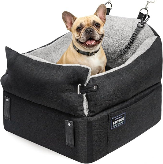EASTBLUE Dog Car Seat for Small Medium Dogs Up to 35 lbs, 2 Memory Foam Pads Dog Booster Car Seat with Seat Belt, Washable Pet Carseat for Puppy & Cat, Dogs Travel Bed for Cars (Black/Grey-Fleece)