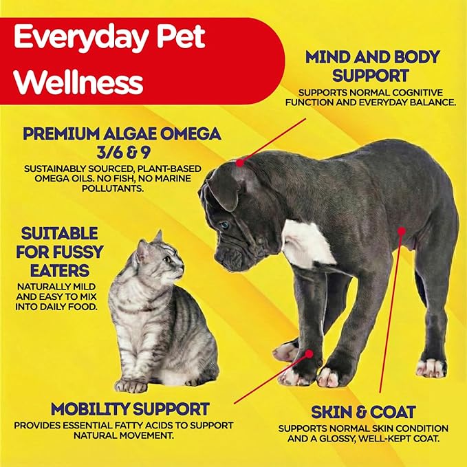 PetJesty Pure Omega 3 Oil for Dogs & Cats 26.39oz - Omega 3 Skin & Coat Support- Liquid Food Supplement for Pets - Vegan pet + DHA for Joint Function, Immune & Heart Health, Non Fish Oil Dog and Cat