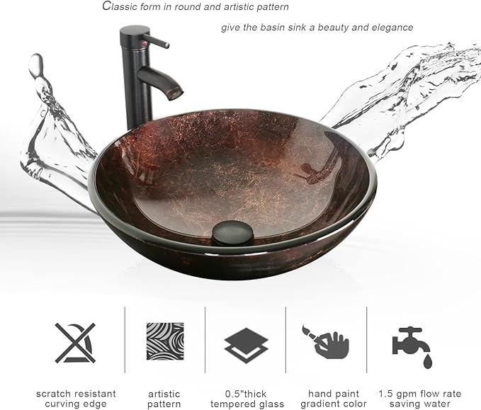eclife 24" Bathroom Vanity Sink Combo Cabinet Modern Stand Pedestal Bronze Round Tempered Glass Vessel Sink & 1.5 GPM Water Save Faucet & Solid Brass Pop Up Drain (A09 B16BR)