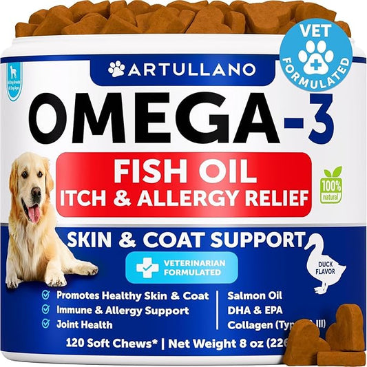 Omega 3 Fish Oil for Dogs - Dog Allergy Chews - Itch Relief & Skin and Coat Supplement with Salmon Oil - Hot Spots Treatment - Allergy & Anti Shedding Support - EPA & DHA Fatty Acids - 120 Treats