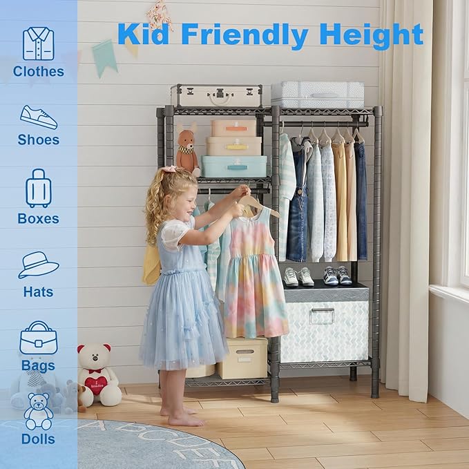 Ulif F1 Garment Rack for Kids, Baby, Students, and Children's Room, 4 Tiers Freestanding and Portable Heavy Duty Closets, Small Metal Clothes Rack with 2 Hanging Rod, 31.2" W x 11.8" D x 48" H, Black
