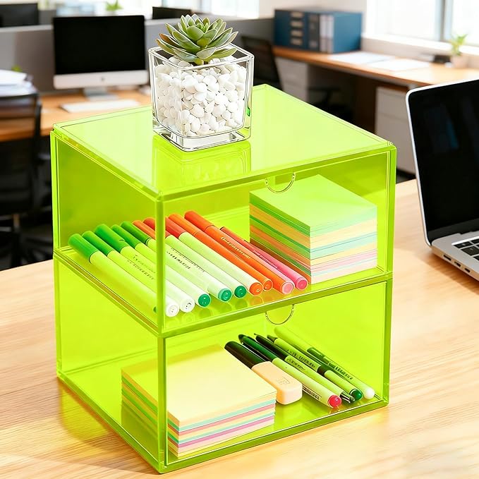 Acrylic Desk Organizer with Drawers Stackable Makeup Organizer for Vanity Office Countertop Cosmetic Display Cases Makeup Storage Box, Neon Green