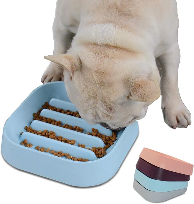 Healthy Slow Feeding Dog Bowl for French Bulldog -Slow Feeder Dog Bowl No Chocking Dog Cat Food Bowl with Striped Shape Pattern (Blue)
