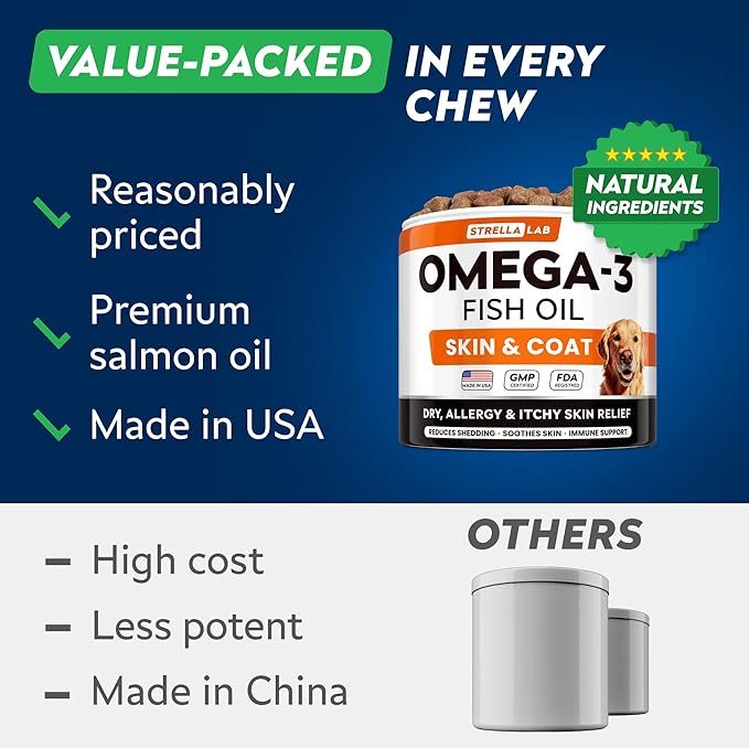 STRELLALAB Omega 3 for Dogs - (180Ct) Fish Oil Treats - Allergy & Itch Relief Skin & Coat Supplement - Dry Itchy Skin, Anti Shedding & Hot Spots Treatment - Pet Salmon Oil Chews - Chicken Flavor