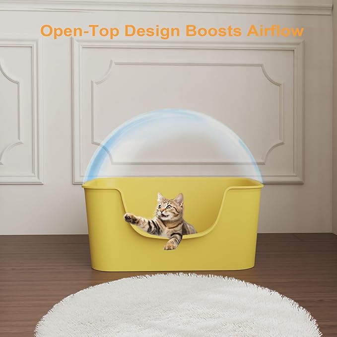 Low Entry Cat Litter Box with High Sides - Open-Top Anti-Splash, Durable Easy-Clean Pan for Kittens, Munchkin Cats, Senior Medium-Sized Cats & Small Pets (Rabbits), 19.3”x13.3”x7.8” Yellow