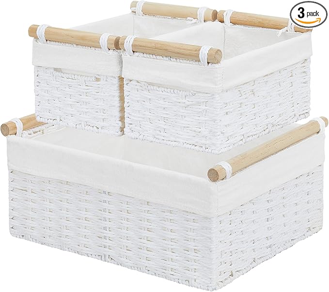 Vagusicc Wicker Storage Basket, Set of 3 Hand-woven Storage Baskets for Organizing, Large Cube Storage Organizer Baskets Bins with Handles for Shelves Decor, Small Toilet Paper Storage Basket, White