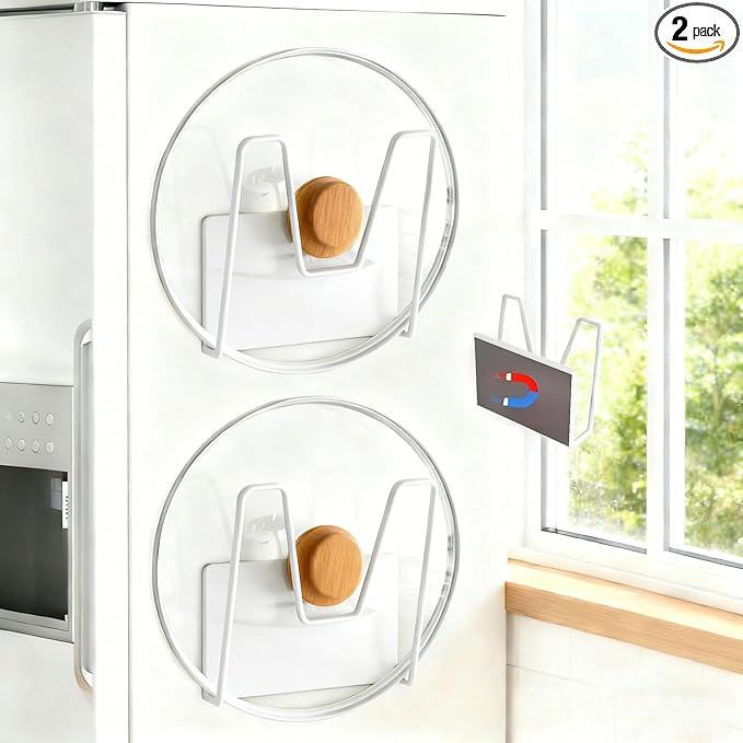 Magnetic Pot Lid Holder for Refrigerator, 2 Pack Strong Magnetic Pot Lid Organizer for Cutting Board, Baking Tray & Pan Covers, Stainless Steel Moveable Kitchen Storage Rack-White