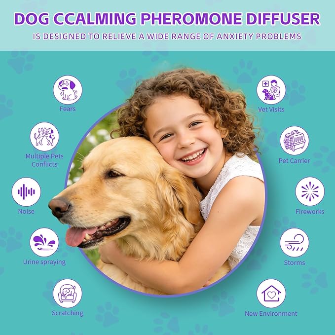 Dog Calming Pheromones Diffuser, 6 in 1 Kit Appeasing Pheromone Diffuser to Calm Dogs, with 2 Plug in Diffuser+4 Refill 48ml, Reduce Aggression Fighting Scratching Barking Stress, 120 Days Supply
