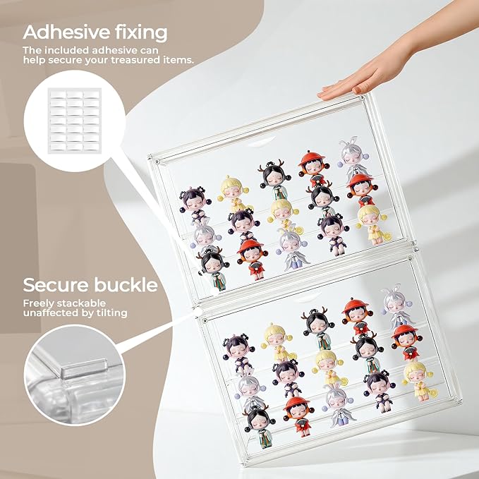 Clear Acrylic Display Case for Collectibles 3 Layer Adjustable Figure Display Box with 2 Movable Plates, Stackable Figurine Display Shelf with Magnetic Door for Action Figures, Funko (Large-1pcs)